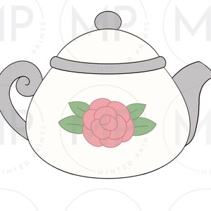 May include: A white teapot cookie cutter with a gray handle and spout. The teapot features a pink rose design with green leaves. The text "Cookie Cutter STL File" is displayed above the teapot.