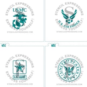 May include: Four stencils featuring military emblems. The top left stencil displays the USMC emblem with the text "USMC". The top right stencil shows the U.S. Air Force emblem. The bottom left stencil has the U.S. Army emblem. The bottom right stencil shows the U.S. Navy emblem.