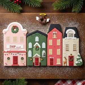 Puede incluir: Galletas de jengibre con forma de casas festivas, decoradas con glaseado y detalles navideños. Las galletas están dispuestas sobre una tabla de madera con azúcar glas, vegetación y una rosquilla con alas y un halo.