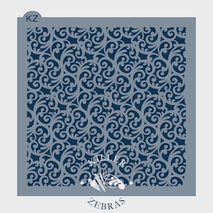 May include: A stencil with a repeating, ornate scrollwork pattern in navy blue. The design is framed by a light gray border. The text "Killer Zebras" is at the bottom.