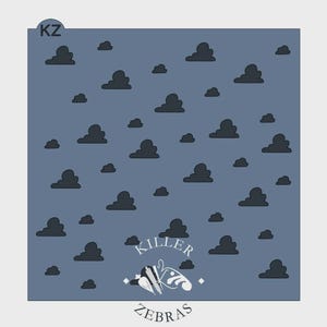 May include: A blue stencil featuring a pattern of dark gray cloud shapes. The stencil has the text "KILLER ZEBRAS" and the initials "KZ" in the upper left corner.