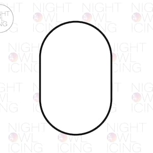 May include: A black oval cookie cutter with rounded edges. The cutter is empty in the center. The words "NIGHT OWL ICING" are in a circle in the upper left corner.
