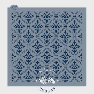 May include: A square stencil with a repeating pattern of fleur-de-lis and curved lines in a dark blue color. The stencil has the text "KZ" in the upper left corner and "Killer Zebras" at the bottom.