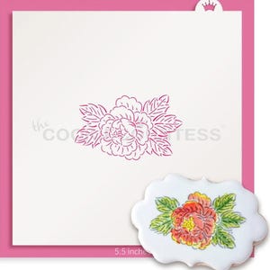 May include: A pink floral stencil with the text "the COOKIETESS" and a decorated cookie. The stencil is 5.5 inches wide and features a flower design. The cookie is decorated with a flower design.