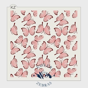 May include: A stencil featuring a repeating pattern of pink butterflies with dark red details on a cream background. The stencil includes the text "Killer Zebras" and the initials "KZ".