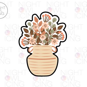 May include: A floral-themed cookie cutter featuring a vase filled with flowers. The vase is beige with horizontal lines, and the flowers are in shades of peach, brown, and green. The cookie cutter has a black outline and the text "NIGHT OWL ICING" in a circle.