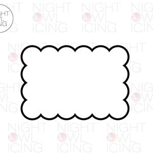 May include: A black cookie cutter with a scalloped rectangular shape. The cookie cutter has a white interior and a black outline. The words "NIGHT OWL ICING" are in a circle in the upper left corner.