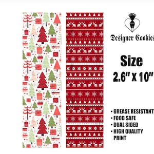 May include: Two Christmas-themed decorative paper sheets. One features red, green, and white trees and gift boxes. The other has a red background with white reindeer and snowflake patterns. The size is 2.6" x 10".