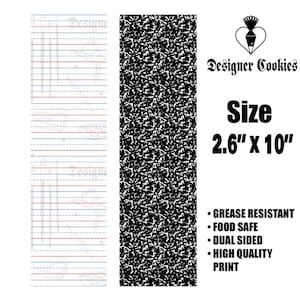 May include: Two rectangular cookie stencils. One features a lined paper design with red and blue lines. The other has a black and white speckled pattern. The text reads "Designer Cookies" and "Size 2.6" x 10"", with bullet points indicating grease resistance, food safety, dual-sided use, and high-quality print.