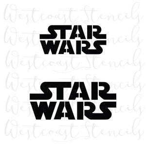May include: Two black "STAR WARS" stencils on a white background. The stencils are in a bold, sans-serif font. The words are stacked, with "STAR" above "WARS". The stencils are from "Westcoast Stencils".