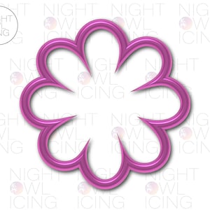 May include: A magenta-colored flower-shaped cookie cutter with a scalloped edge. The cutter has a smooth, glossy finish and is designed for creating flower-shaped cookies or fondant decorations. The Night Owl Icing logo is in the upper left corner.