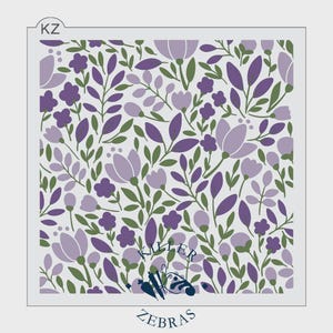 May include: A floral stencil featuring a repeating pattern of stylized flowers and leaves in shades of purple and green. The design includes large tulip-like blooms, smaller blossoms, and various leaf shapes. The stencil is labeled "Killer Zebras".