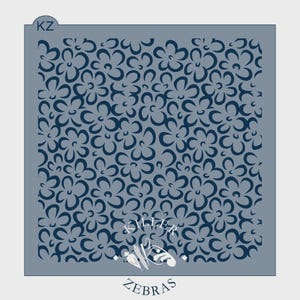 May include: A square stencil with a repeating floral pattern in dark blue against a light blue background. The stencil has the text "KILLER ZEBRA" and the initials "KZ" in the upper left corner. The floral design is a repeating pattern of stylized flowers.