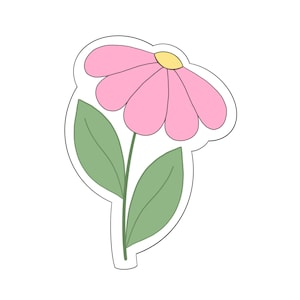 May include: A pink daisy flower with a yellow center and green leaves. The flower has a simple, cartoon-like design with a white outline. The image is a graphic illustration of a flower.