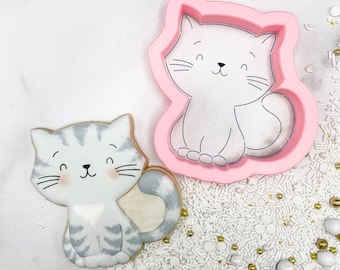 May include: A cat-shaped cookie and a pink cookie cutter. The cookie is decorated with gray and white stripes, a smiling face, and a gray tail. The pink cutter has the same cat design. White and gold sprinkles surround the cookie and cutter.