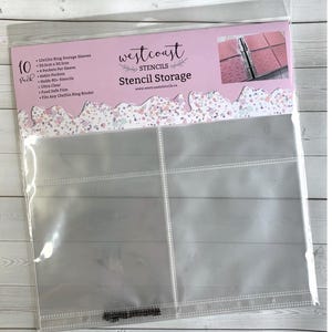 May include: Clear plastic stencil storage sleeves in a 10-pack. Each sleeve is designed to hold 12x12 inch stencils, with dimensions of 30.5cm x 30.5cm. The package includes 4 pockets per sleeve and 6x6 inch pockets, holding 80+ stencils. The sleeves are ultra-clear and food-safe.