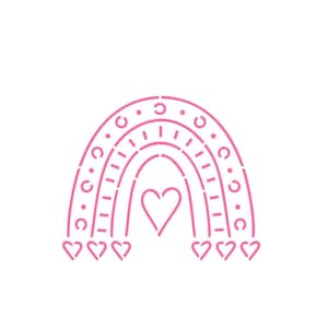 May include: Pink stencil of a rainbow with a heart in the center and hearts at the bottom. The rainbow design features dotted lines, vertical lines, and curved lines. The image is on a white background.