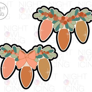 May include: Two cookie cutters in the shape of string lights. One has a bow in the center. The lights are peach and brown with green and brown garland. The text "NIGHT OWL ICING" is in the upper left corner.