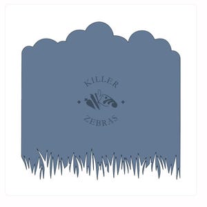 May include: A blue stencil with a cloud-like top edge and grass-like bottom edge. The stencil has the words "KILLER ZEBRA" and a graphic of a butterfly and vegetables in the center.