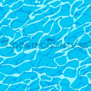 May include: A blue and white pattern resembling water. The design features light blue and white shapes that mimic the look of water reflections. The text "the COOKIE COUNTESS" is visible in the lower left corner.