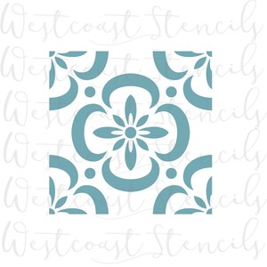 May include: A square stencil featuring a repeating teal floral and crescent moon design. The design is centered on a white background. The words "Westcoast Stencils" are written diagonally across the image in a cursive font.