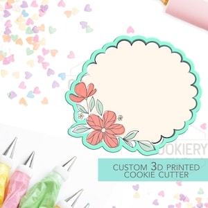 Floral Cookie Plaque Cutter | Flower Name Tag | Elegant Plaque Cutter | Scalloped Edge Cookie Plaque | Spring Cookie Cutter | 3D Printed