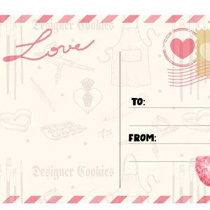 May include: A Valentine's Day-themed postcard with a pink and white striped border. The postcard features the word "Love" in cursive, a heart stamp, and a kiss mark. It includes spaces for "To:" and "From:" and is decorated with baking-related illustrations.