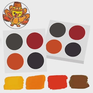 May include: Thanksgiving-themed art supplies. The image features a cartoon turkey in a pilgrim hat, two palettes with four colored circles each, and four paint swatches in yellow, orange, red, and brown. The color palette includes shades of orange, red, and black.