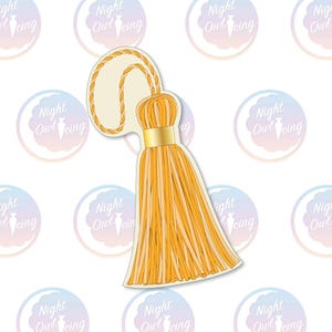 May include: A die-cut sticker featuring a decorative tassel design. The tassel is primarily yellow with a gold band and a cream-colored top with a rope-like border. The sticker has the text "Night Owl Icing" repeated across the background.