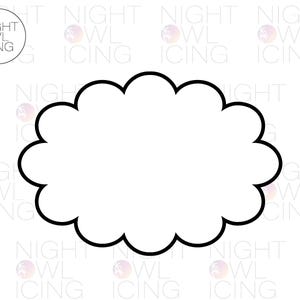 May include: A white cookie cutter in the shape of a cloud with a black outline. The cookie cutter has a scalloped edge and is set against a white background. The Night Owl Icing logo is in the upper left corner.