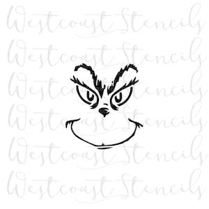 May include: Black stencil of a cartoon character's face with a mischievous grin and furrowed brow. The eyes are large and expressive, and the text "Westcoast Stencils" is repeated in a light gray script across the background.