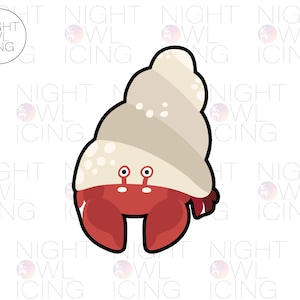 May include: A cartoon illustration of a hermit crab. The crab has a red body and legs, with a beige shell. The shell has white spots. The crab has two small red eyes. The image has the text "NIGHT OWL ICING" in a circle in the upper left corner.