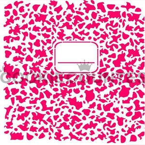 May include: A white background is covered in a pattern of bright pink irregular shapes. A rectangular label with rounded corners is in the center, with a line and crown graphic below. The overall design is bold and eye-catching.