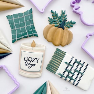 Arlo&#39;s Cookies Cozy Fall Cookie Cutters | Floral Pumpkin, Blanket, Candle, Pillow | Fall Baking Supplies | Autumn Cookie Set | 3D Printed
