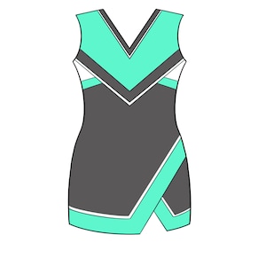May include: A sleeveless, V-neck dress in a modern design. The dress features a gray base with turquoise and white accents. The turquoise color is used on the neckline, a diagonal side panel, and the hemline, creating a sporty look.