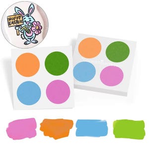 May include: Easter-themed cookie decorating set featuring a cartoon bunny holding a sign that says "Hoppy Easter." The set includes four square cards with colorful circles and four paint-like swatches in pink, orange, blue, and green.