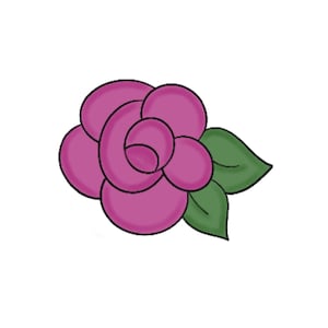 May include: A stylized illustration of a pink rose with green leaves. The rose has multiple rounded petals and a dark outline. The leaves are a simple, rounded shape with a green color. The background is white.