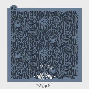 May include: A blue stencil featuring a repeating pattern of seashells, starfish, and wavy lines. The design includes various shell shapes and sizes, with small dots and the text "KILLER ZEBRA" at the bottom. The stencil has a square shape.
