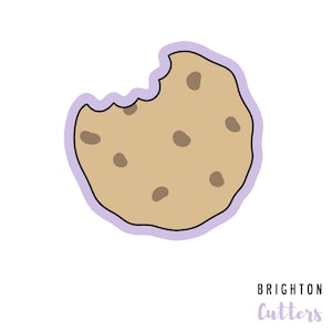 May include: A tan cookie with chocolate chips and a bite taken out of it. The cookie has a light purple outline and is on a white background. The text "BRIGHTON Cutters" is in the bottom right corner.