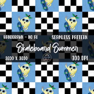 May include: Seamless pattern featuring a cartoon lemon wearing sunglasses and holding a skateboard. The design includes a checkerboard pattern in black and white, with a light blue background. Text reads "Skateboard Summer".
