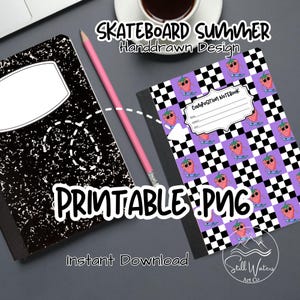 Skateboard Composition Notebook cover printable journal design kids purple back to school workbook sticker hand drawn bundle Commercialuse