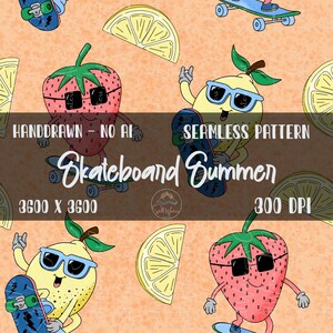 Skateboard Summer Fruit Character Pattern for Boys Paint Splatter Lemonful Strawberry Lover Seamless Repeatable Pattern Playful Sublimation
