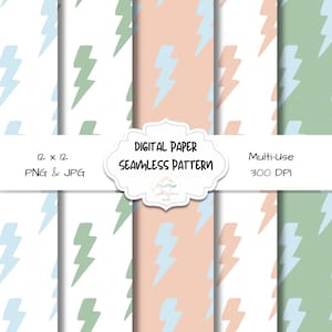 Puede incluir: Patrón de papel digital sin costuras con diseños de rayos en colores pastel. La imagen incluye el texto "12 x 12 PNG & JPG" y "Multi-Use 300 DPI". El patrón está disponible en varios colores.