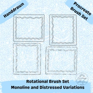 Può includere: Grafica di arte digitale con quattro cornici quadrate con bordi ondulati e usurati. Le cornici sono nere su sfondo azzurro. Il testo include "Handdrawn", "Procreate Brush Set", "Rotational Brush Set" e "Monoline and Distressed Variations."