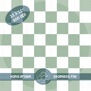 May include: A digital seamless file featuring a green and white checkered pattern. The file is 12 x 12 inches at 300 dpi. The words "Hand drawn" and "seamless File" are included in the design.