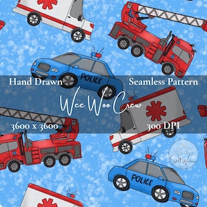 Puede incluir: Patrón sin costuras con ilustraciones dibujadas a mano de vehículos de emergencia, incluyendo ambulancias, camiones de bomberos y coches de policía. Los vehículos son rojos, blancos y azules sobre un fondo azul claro. El texto "Wee Woo Crew" también es visible.