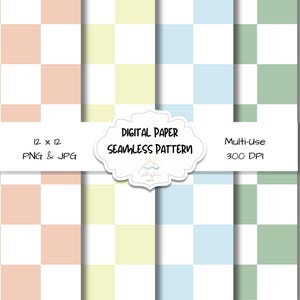 以下が含まれることがあります： パステルカラーのシームレスな市松模様のデジタルペーパー。デザインは、白と交互に、ピーチ、イエロー、ブルー、グリーンの正方形が特徴です。画像には、12 x 12、PNG & JPG、300 DPIのマルチユースであることが示されています。