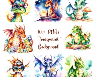 100+ Cute Dragons Watercolor Clipart Bundle, Digital Download Printable, Full Commercial Use, Paper Crafts, Card making, Scrapbook, Etc.