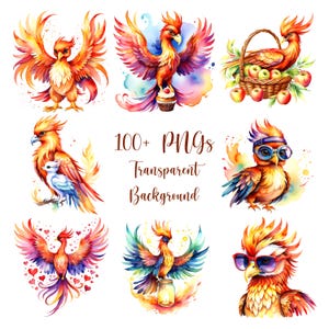Plus de 100 mignons cliparts aquarelle Phoenix, imprimable en téléchargement numérique, utilisation commerciale complète, créations en papier, fabrication de cartes, scrapbooking, etc.