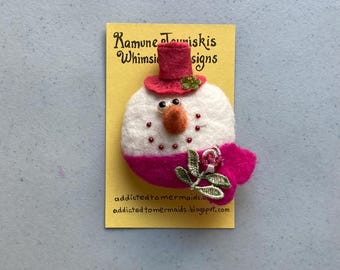 Handmade Needle Felted Snowman Pin